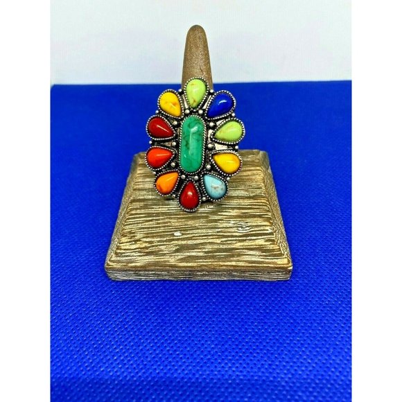 Western Flower Turquoise Multi Color Silver ring - Picture 3 of 11